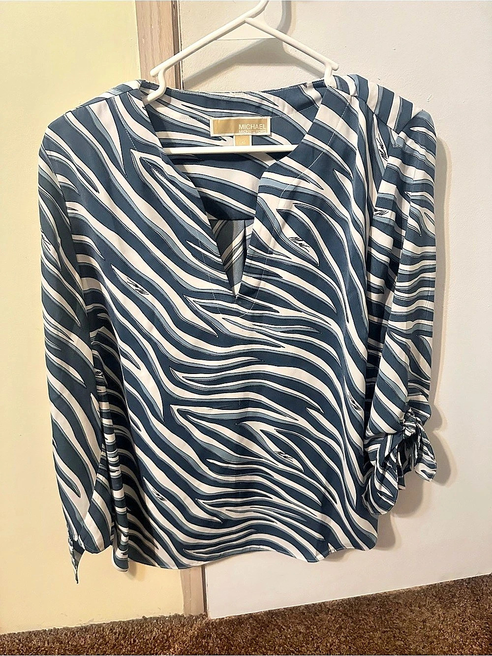 Michael Kors Abstract Print Blouse in Blue & White Size Large